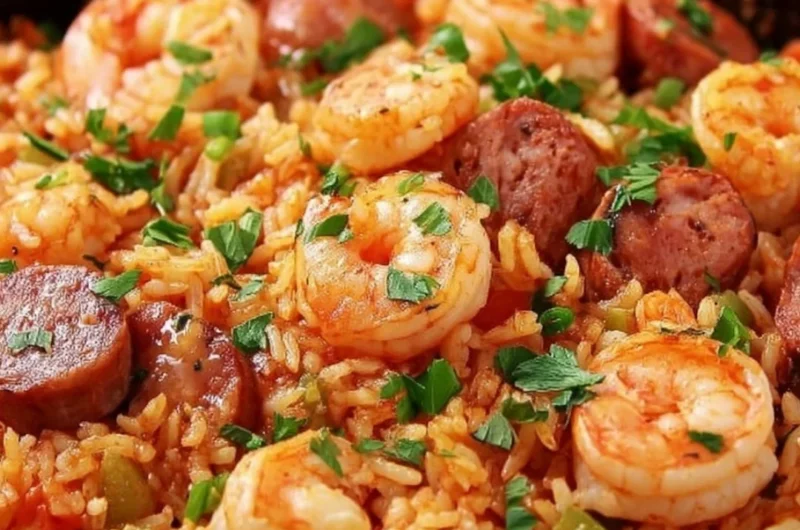 One Pot Shrimp and Sausage Jambalaya served in a rustic bowl with fresh herbs