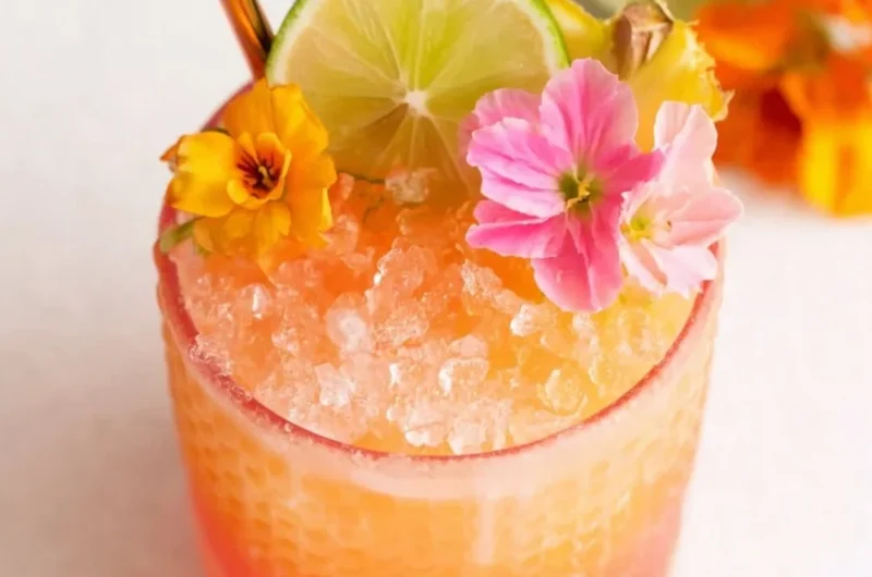Colorful pineapple mango rum punch in a glass garnished with fruit