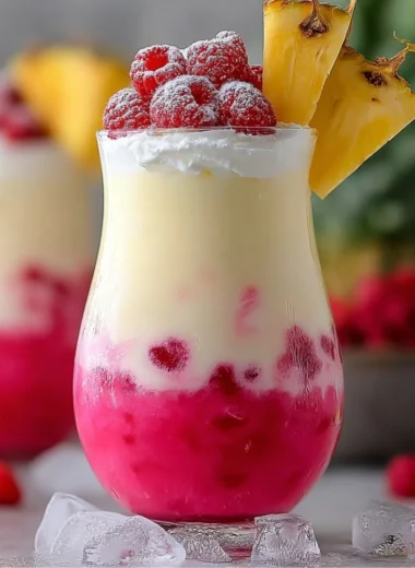 Refreshing Raspberry Colada Twist cocktail with vibrant raspberries and coconut cream