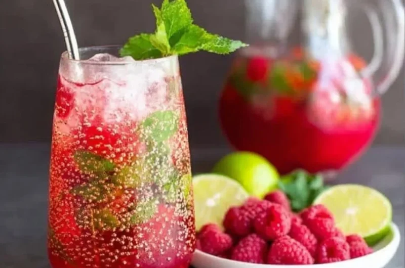 A refreshing Raspberry Mojito in a cocktail glass garnished with fresh raspberries and mint