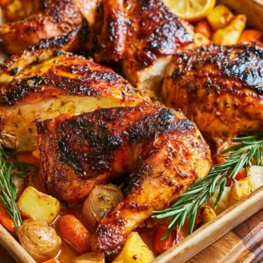 Deliciously roasted chicken with crispy skin and juicy meat on a wooden platter