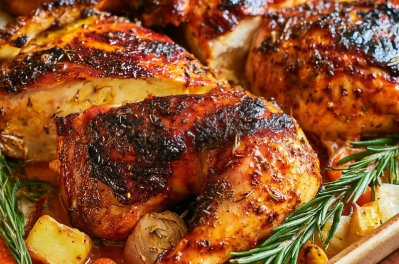 Deliciously roasted chicken with crispy skin and juicy meat on a wooden platter