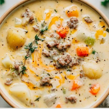 Hearty sausage potato soup in a bowl, garnished with fresh herbs.