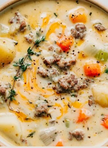Hearty sausage potato soup in a bowl, garnished with fresh herbs.