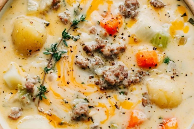Hearty sausage potato soup in a bowl, garnished with fresh herbs.