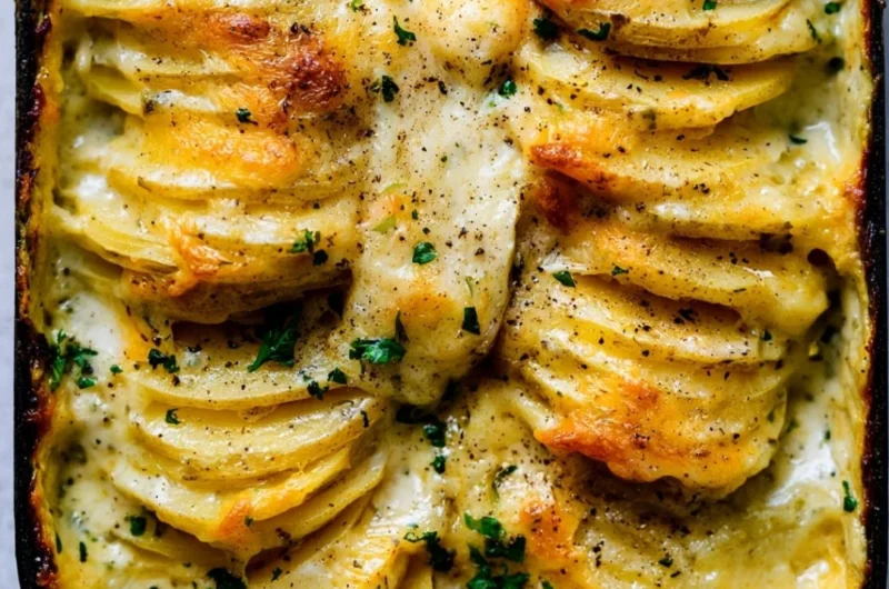 Delicious scalloped potatoes baked with cheese and cream