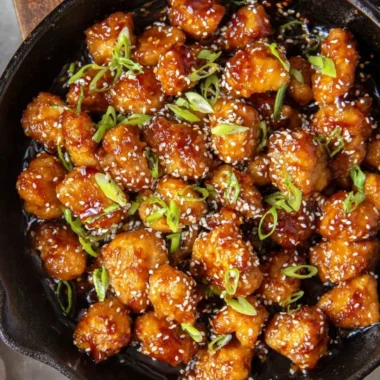 Delicious plate of sesame chicken garnished with sesame seeds and green onions
