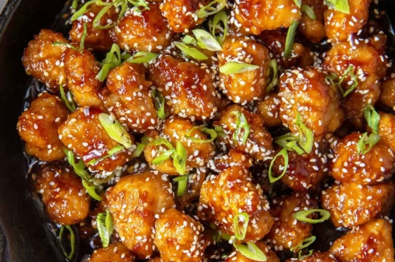 Delicious plate of sesame chicken garnished with sesame seeds and green onions