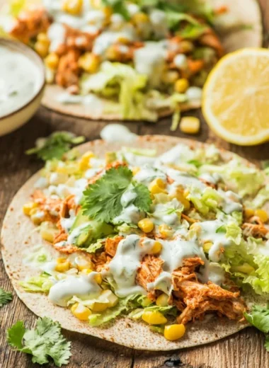 Skinny Buffalo Chicken Tacos topped with fresh ingredients and served on a plate