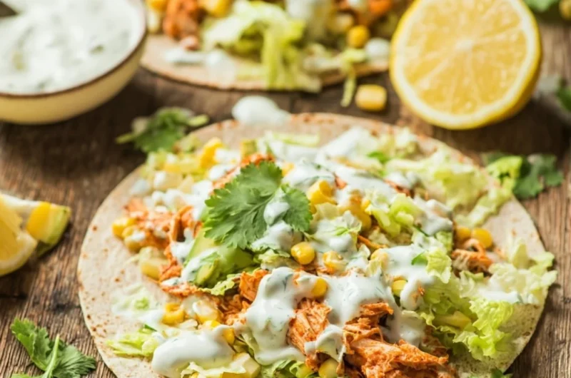 Skinny Buffalo Chicken Tacos topped with fresh ingredients and served on a plate