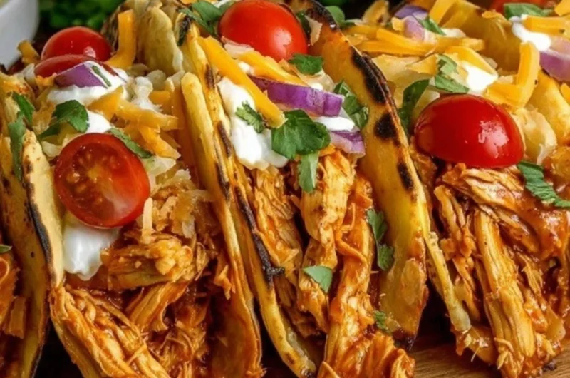 Delicious slow cooker shredded chicken tacos served with toppings