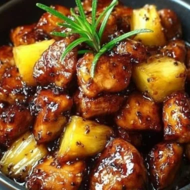 Plate of Spicy Pineapple Brown Sugar Chicken garnished with fresh herbs