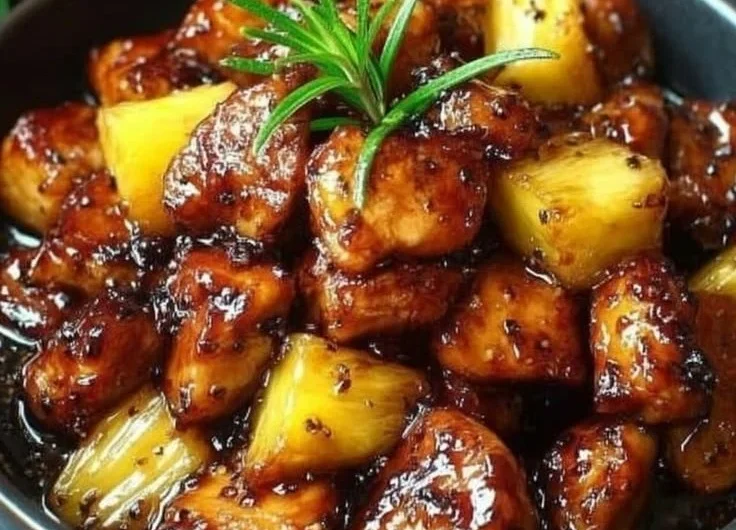 Plate of Spicy Pineapple Brown Sugar Chicken garnished with fresh herbs