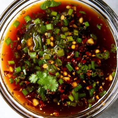 Delicious spring roll dipping sauce in a small bowl with fresh ingredients around.