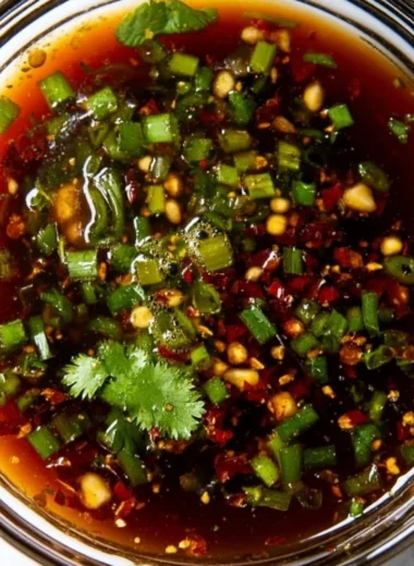 Delicious spring roll dipping sauce in a small bowl with fresh ingredients around.
