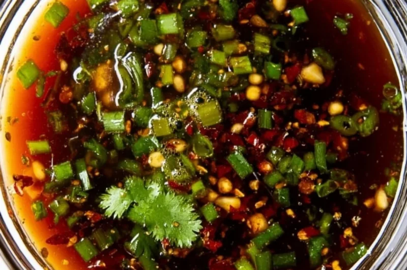 Delicious spring roll dipping sauce in a small bowl with fresh ingredients around.