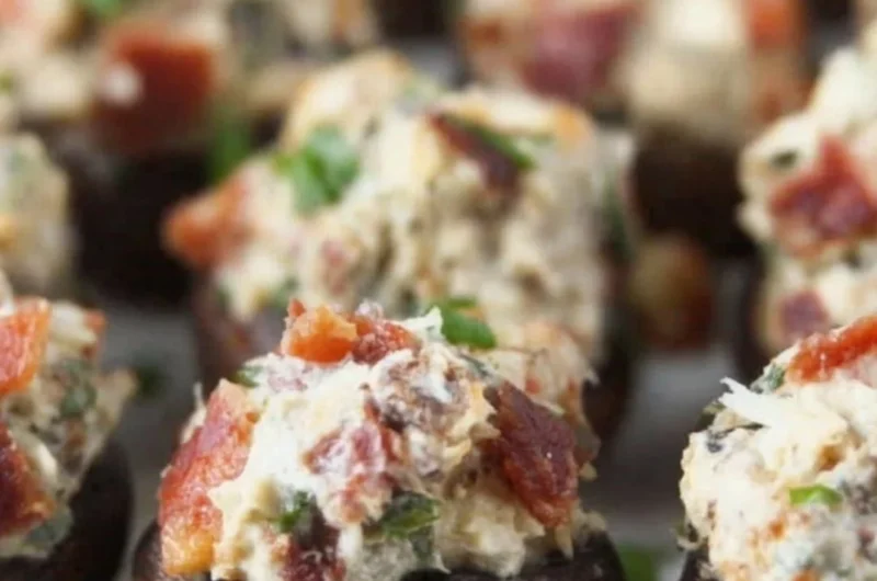 Stuffed mushrooms filled with bacon, cream cheese, and green onions on a serving platter.