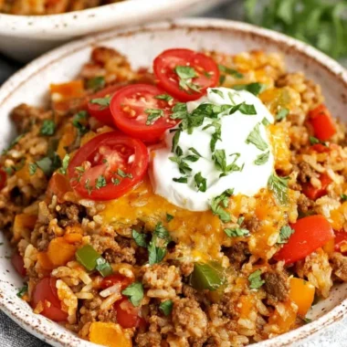 Delicious stuffed pepper casserole with bell peppers, rice, and ground beef.