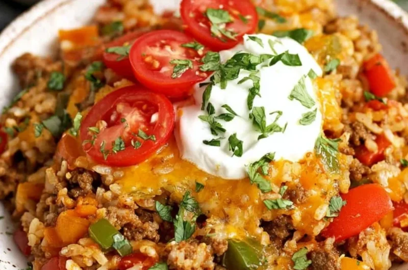 Delicious stuffed pepper casserole with bell peppers, rice, and ground beef.