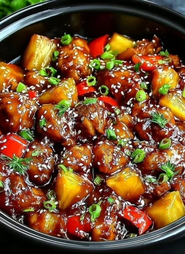 Delicious Sweet Hawaiian Crockpot Chicken served with pineapple and rice