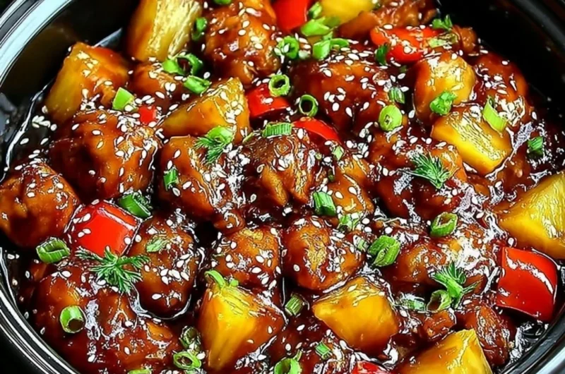 Delicious Sweet Hawaiian Crockpot Chicken served with pineapple and rice