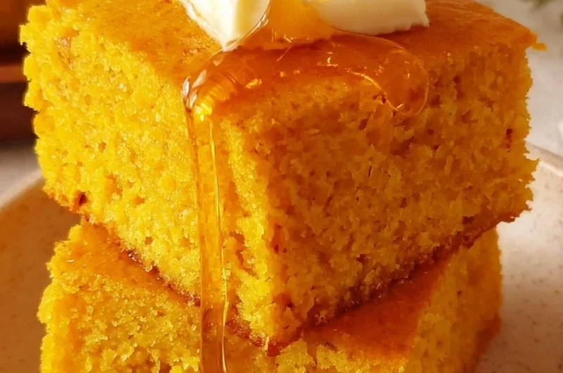 Delicious sweet potato cornbread served on a wooden board with butter on top.