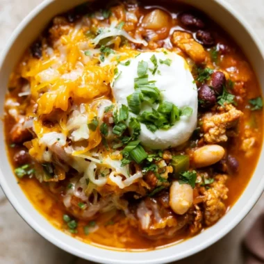 Bowl of Turkey Pumpkin Chili topped with fresh herbs and spices, perfect for fall recipes.