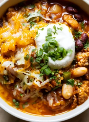 Bowl of Turkey Pumpkin Chili topped with fresh herbs and spices, perfect for fall recipes.