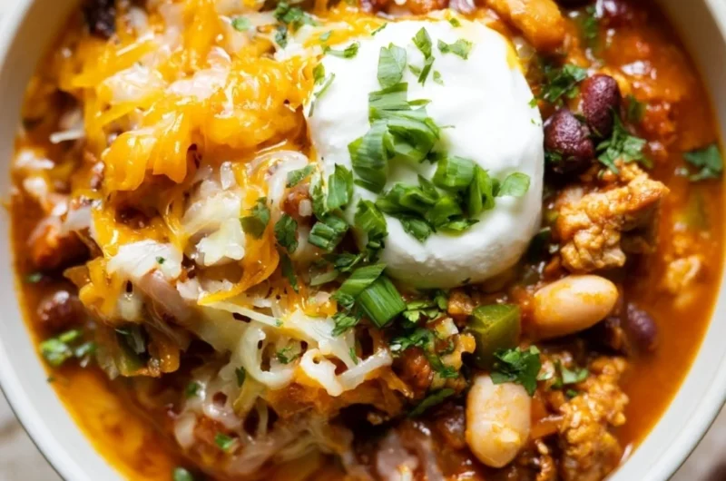 Bowl of Turkey Pumpkin Chili topped with fresh herbs and spices, perfect for fall recipes.