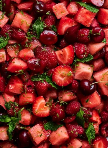 A vibrant watermelon fruit salad garnished with mint leaves and mixed fruits.