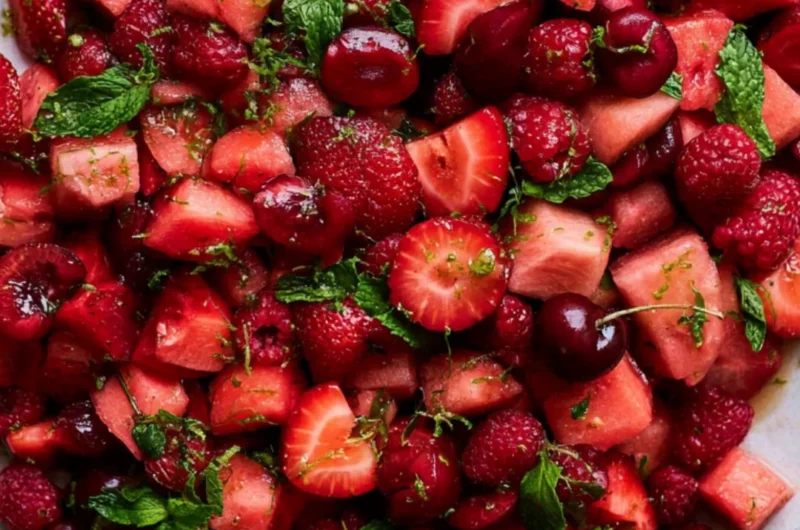 A vibrant watermelon fruit salad garnished with mint leaves and mixed fruits.