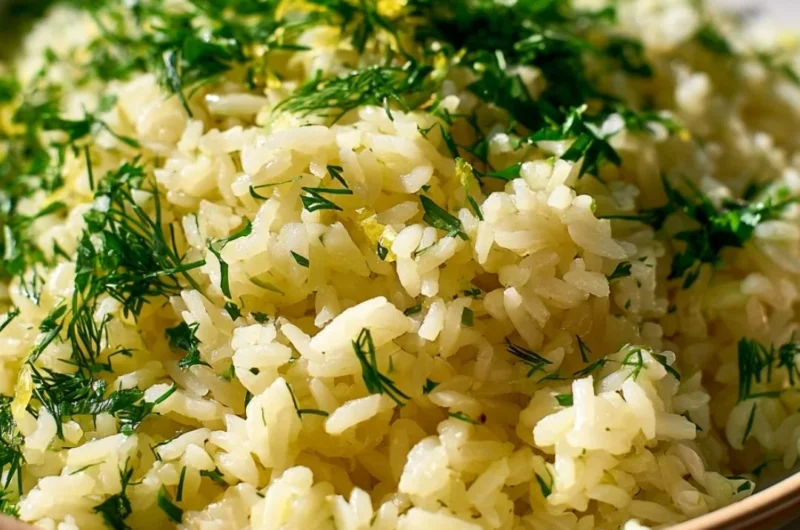 Authentic Greek lemon rice served in a bowl with fresh herbs and lemon slices.