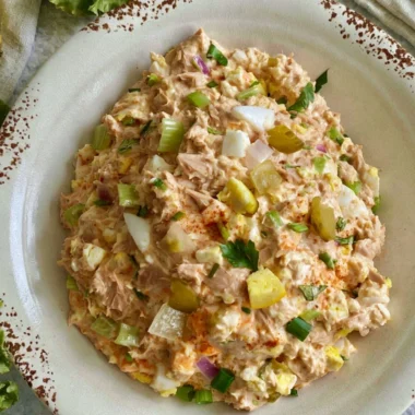 Delicious best ever tuna salad with eggs served in a bowl