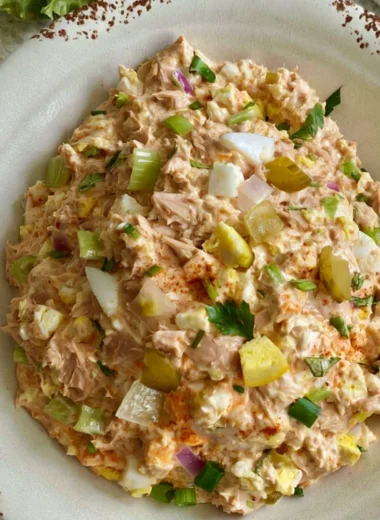 Delicious best ever tuna salad with eggs served in a bowl