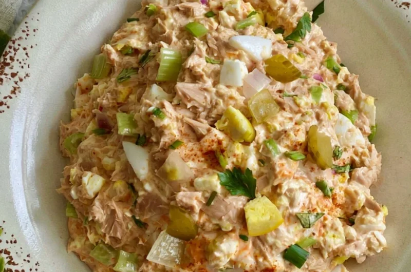 Delicious best ever tuna salad with eggs served in a bowl