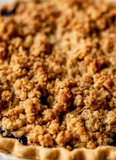 Cozy blueberry crumble pie with fresh blueberries and crumbly topping