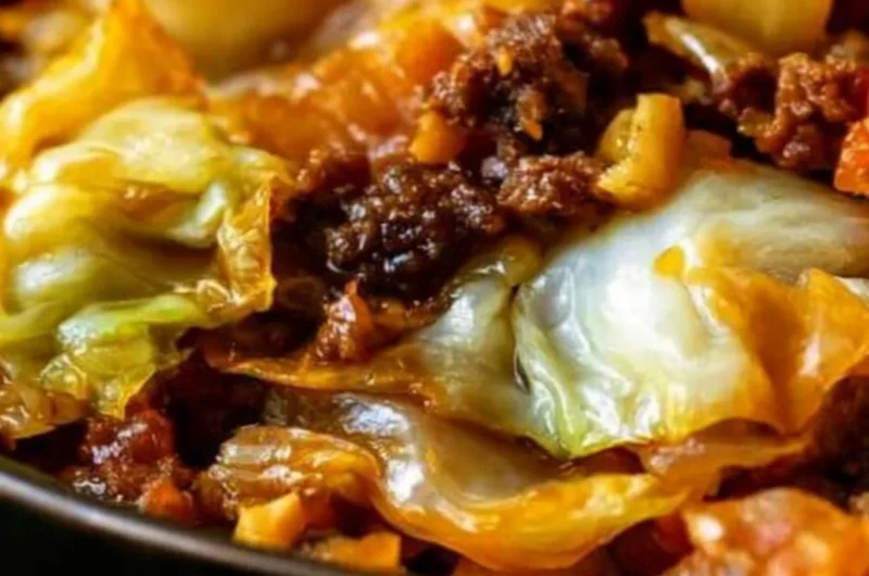 Cozy cabbage and ground beef dish served in a bowl.