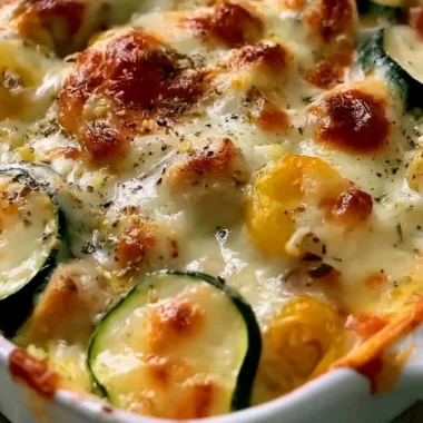 Cozy chicken zucchini bake served in a dish, garnished with herbs
