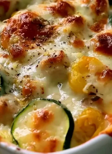 Cozy chicken zucchini bake served in a dish, garnished with herbs