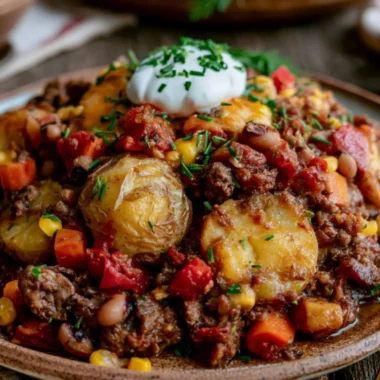 Cozy Cowboy Casserole served in a rustic dish