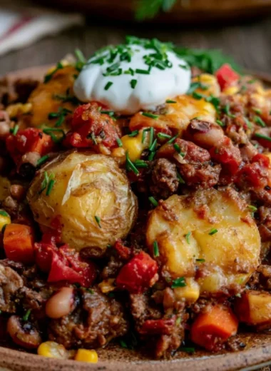 Cozy Cowboy Casserole served in a rustic dish