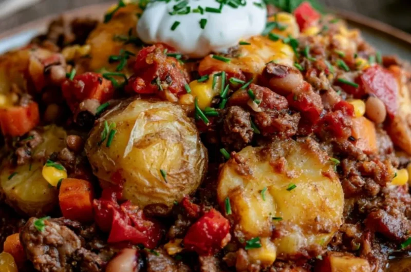 Cozy Cowboy Casserole served in a rustic dish