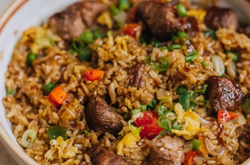 Delicious steak fried rice served in a bowl with colorful vegetables and herbs
