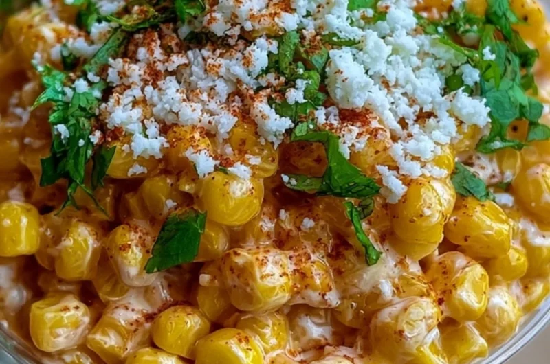 Bowl of creamy Mexican street corn esquites with cilantro and lime.