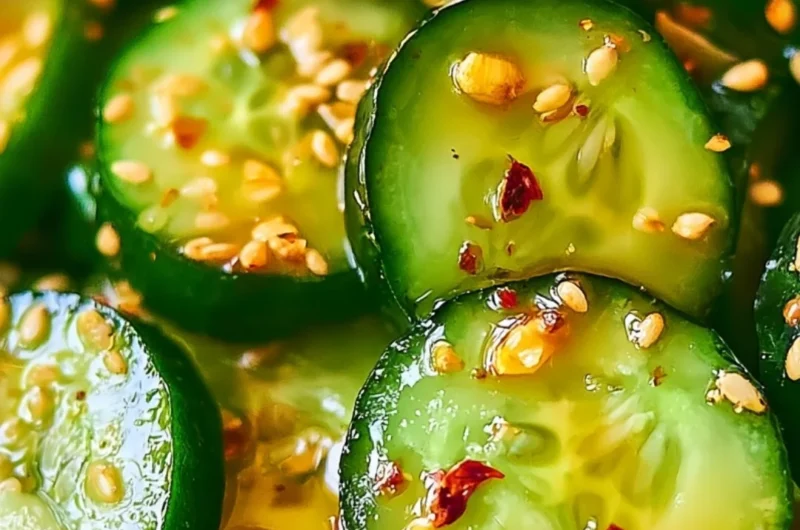 Bowl of easy Asian cucumber salad with vibrant colors and textures.