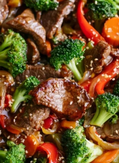 Easy beef stir fry with colorful vegetables in a skillet