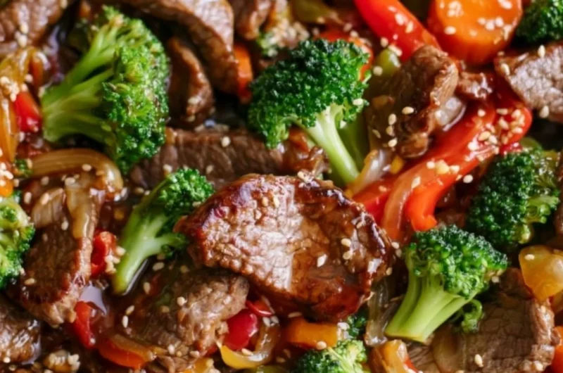 Easy beef stir fry with colorful vegetables in a skillet