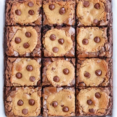 Delicious brookie bars made with brownie mix and cookie dough on a plate.