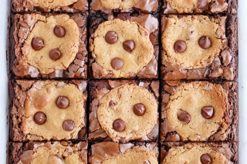 Delicious brookie bars made with brownie mix and cookie dough on a plate.