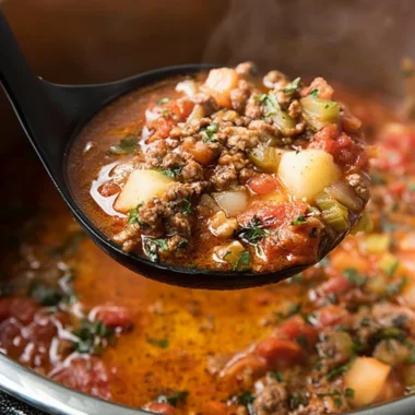 Delicious Instant Pot Hamburger Soup in a bowl topped with fresh herbs.